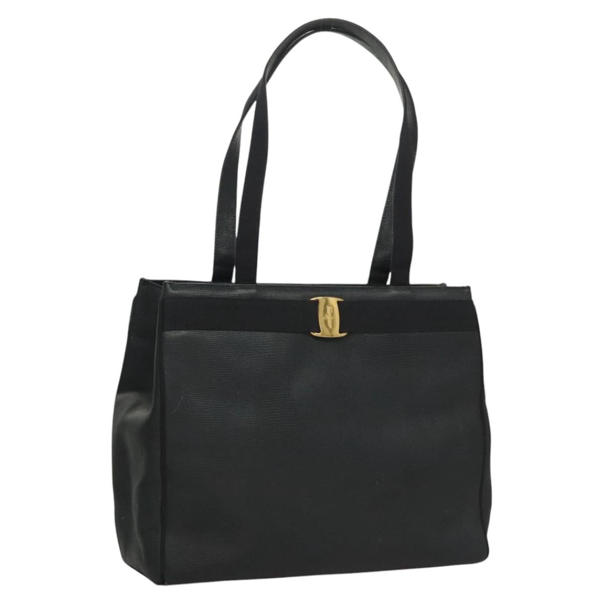 Salvatore Ferragamo Vintage Vara Bow Tote Lizard Embossed Leather Navy Leather Tote Bag Bag (Pre-Owned)