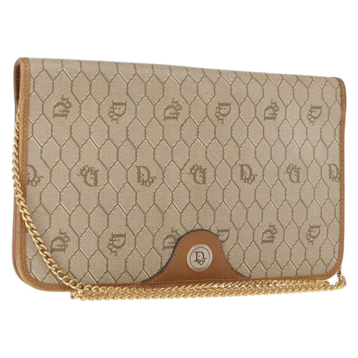Christian Dior Vintage Honeycomb Chain Canvas Beige Canvas Shoulder Bag Bag (Pre-Owned)