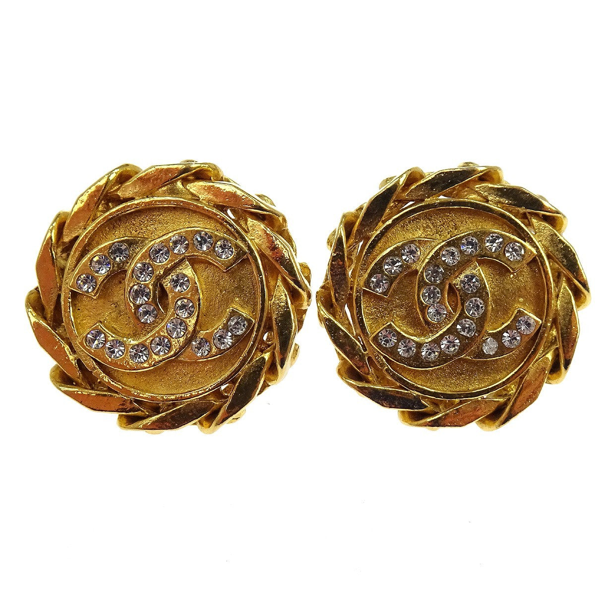 Chanel Vintage Cc Round Clip-On Metal With Crystals Gold Gold_Plated Earrings Jewelry (Pre-Owned)