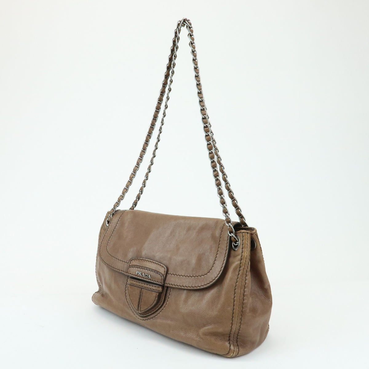 Prada Chain Flap Leather Brown Leather Shoulder Bag Bag (Pre-Owned)