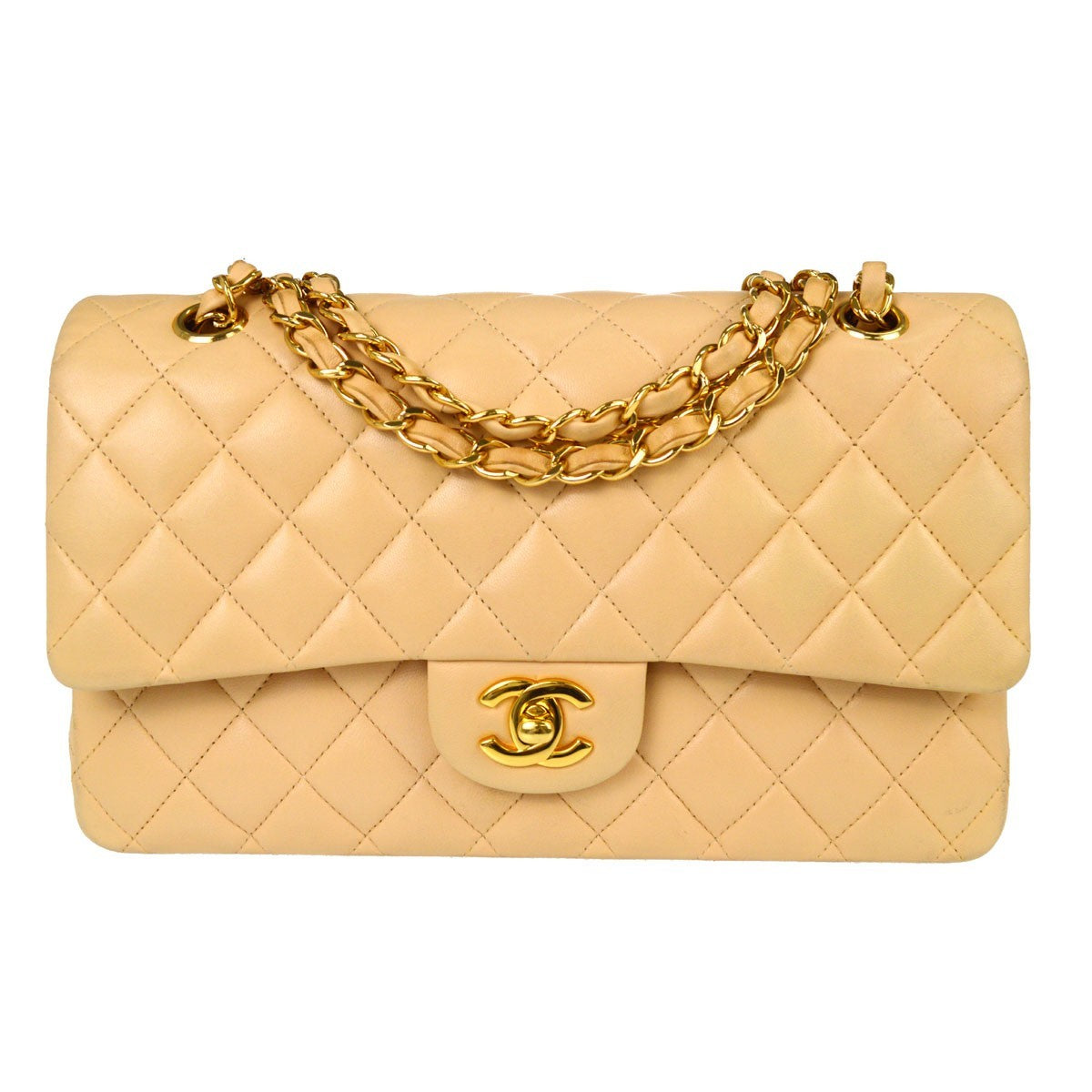 Chanel Vintage Classic Double Flap Quilted Lambskin Beige Leather Handbag (Pre-Owned)