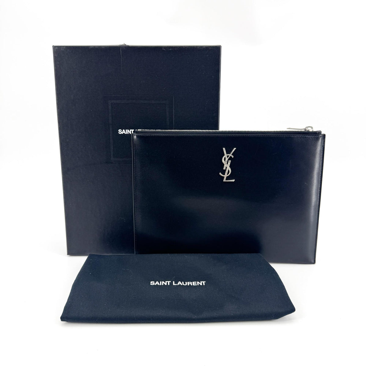 Saint Laurent Classic Monogram Wristlet Leather Black Calfskin Clutche & Pouche Bag (Pre-Owned)