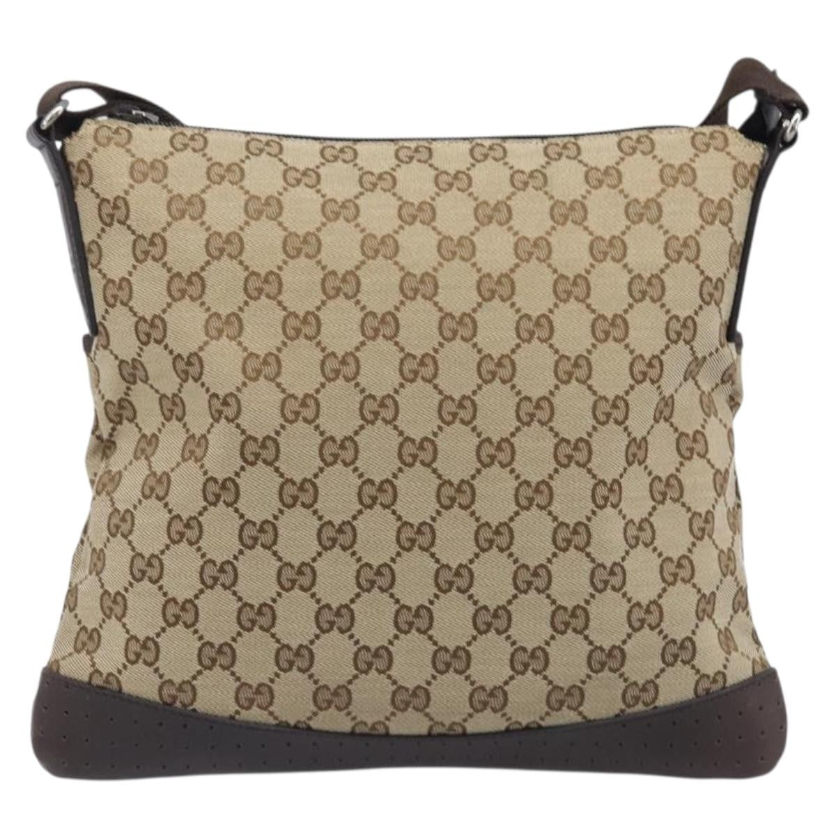 Gucci Zip Messenger Gg Canvas With Perforated Leather Beige Canvas Handbag (Pre-Owned)