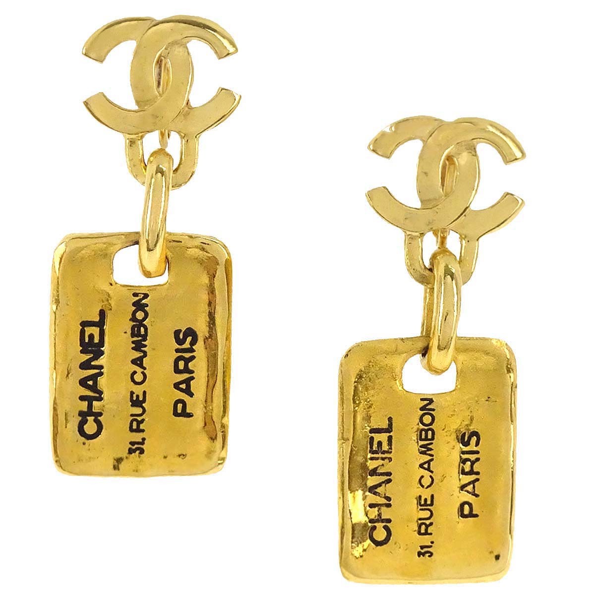 Chanel Cc Plate Logo Dangle Metal With Crystals Gold Gold_Plated Earrings Jewelry (Pre-Owned)