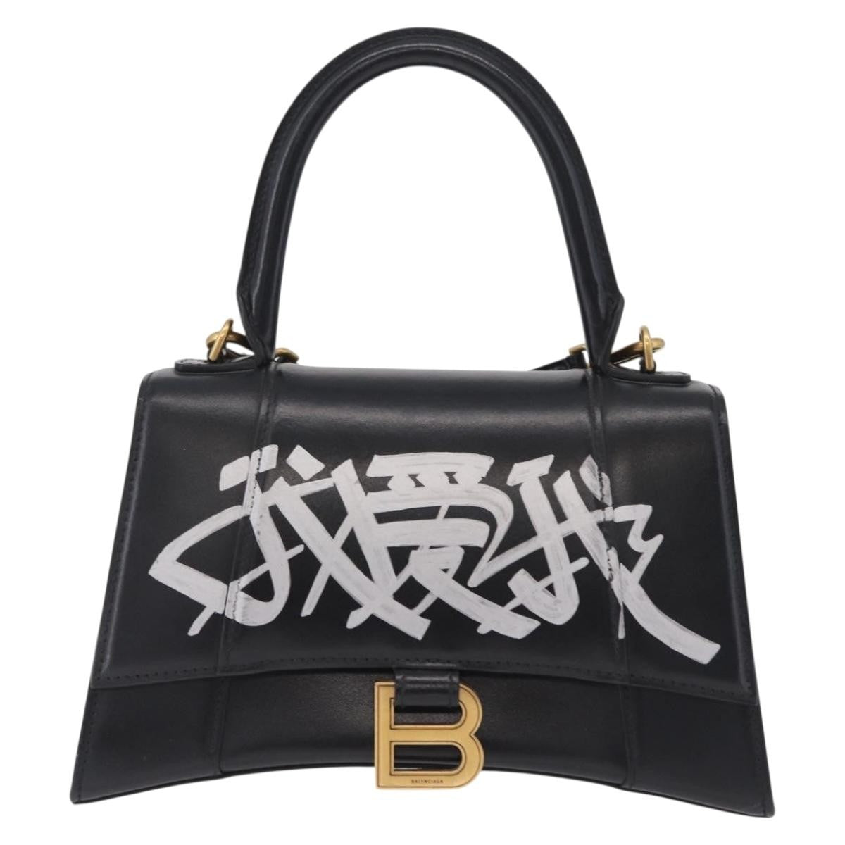 Balenciaga Graffiti Hourglass Top Handle Leather Black Leather Handbag (Pre-Owned)