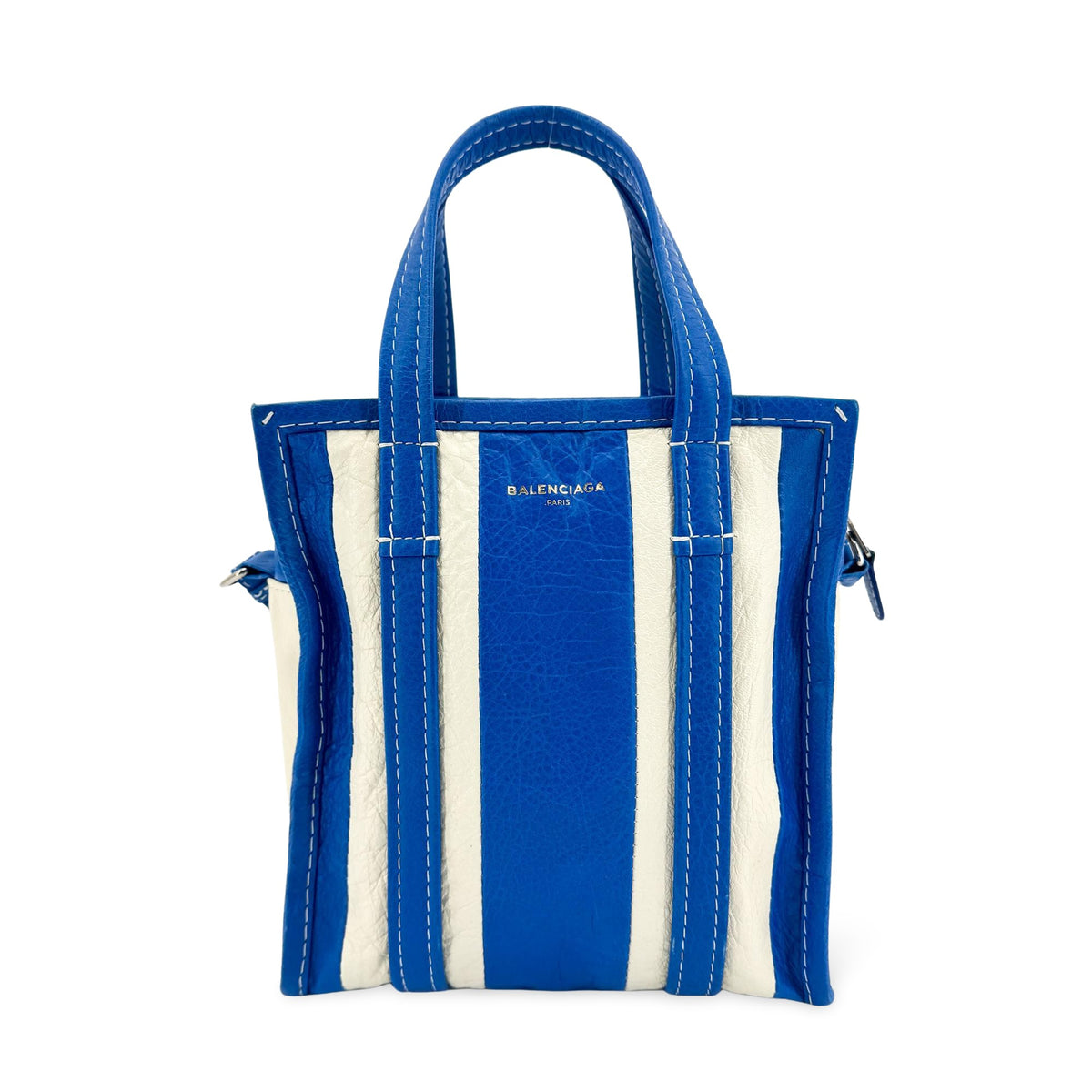 Balenciaga Bazar Striped Leather Blue Leather Tote Bag Bag (Pre-Owned)