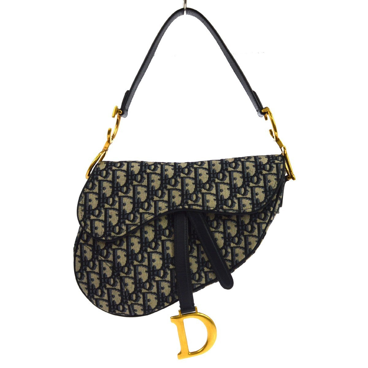 Christian Dior Saddle Handbag With Strap Oblique Canvas Navy Canvas Handbag (Pre-Owned)