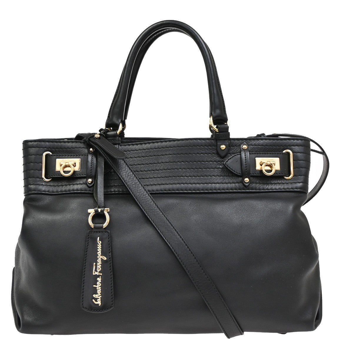 Salvatore Ferragamo Gancini Tote Leather Black Leather Tote Bag Bag (Pre-Owned)