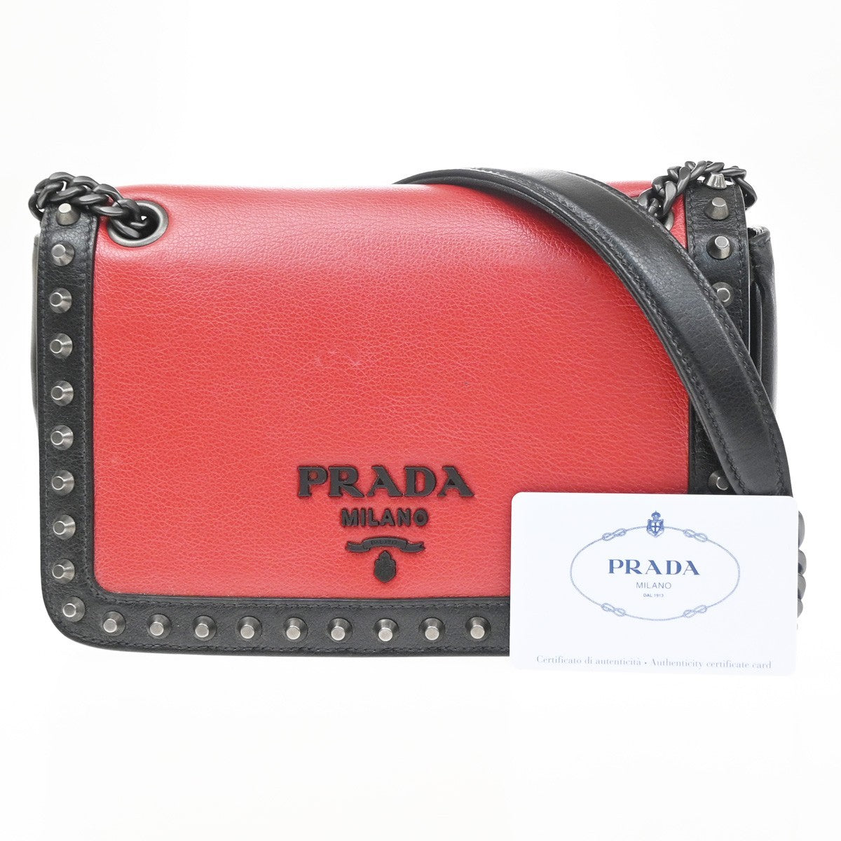 Prada Chain Flap Bag Studded Glace Calf Red Leather Shoulder Bag Bag (Pre-Owned)