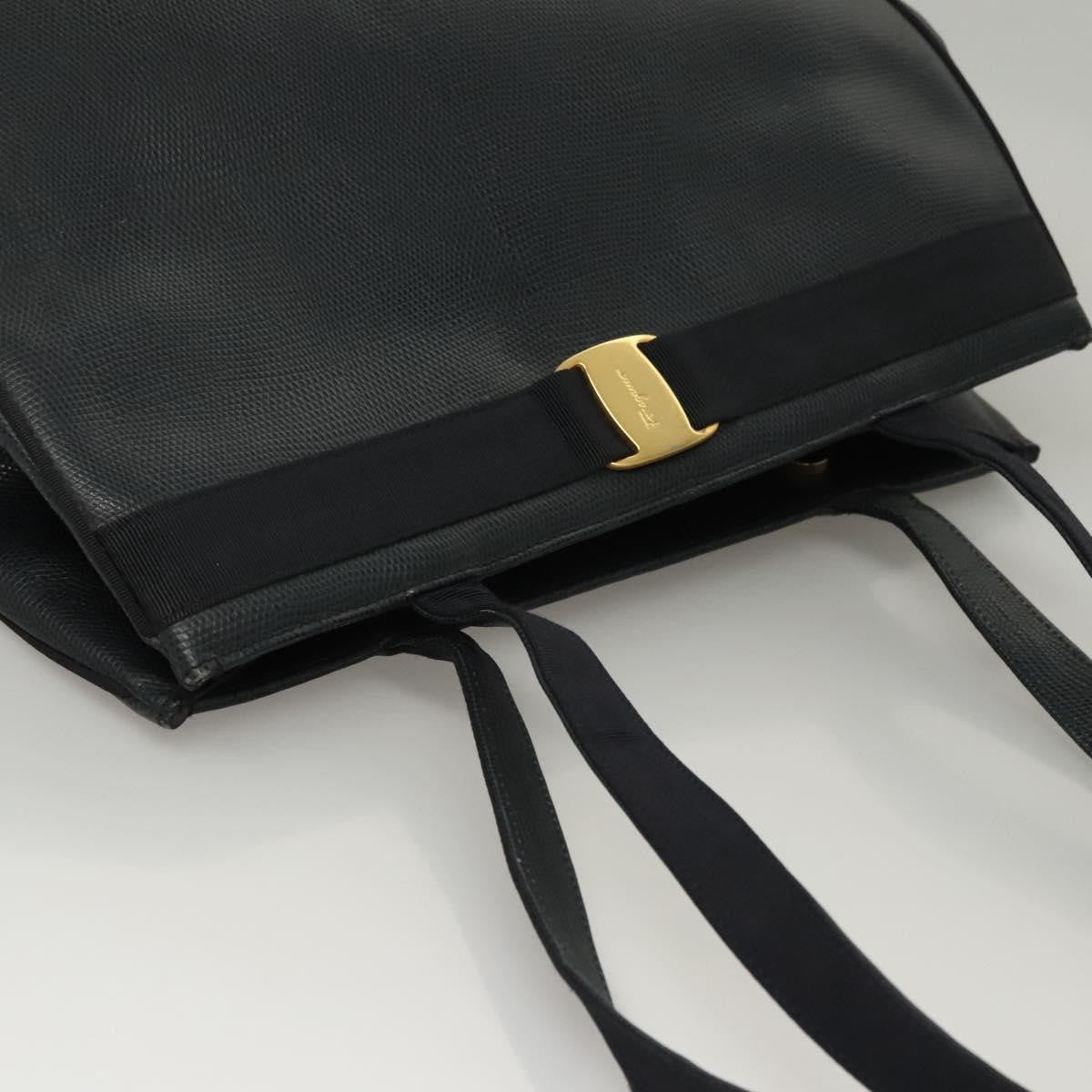 Salvatore Ferragamo Vintage Vara Bow Tote Lizard Embossed Leather Navy Leather Tote Bag Bag (Pre-Owned)