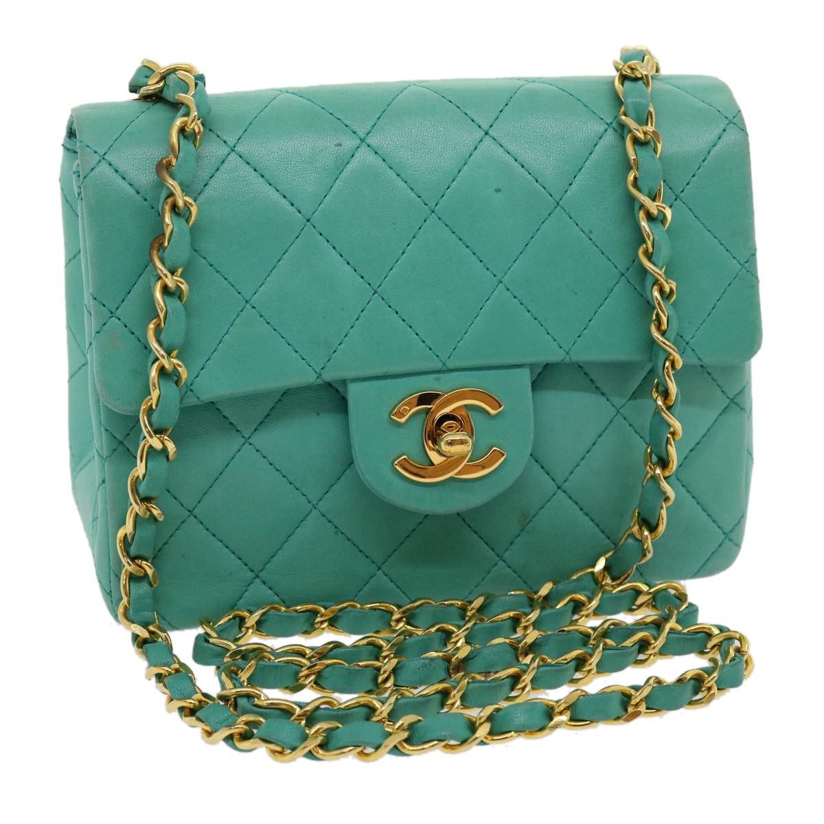 Chanel Square Classic Single Flap Quilted Lambskin Blue Leather Handbag (Pre-Owned)