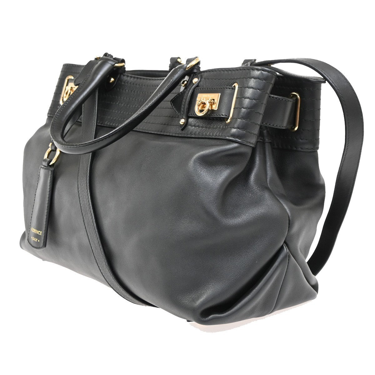 Salvatore Ferragamo Gancini Tote Leather Black Leather Tote Bag Bag (Pre-Owned)