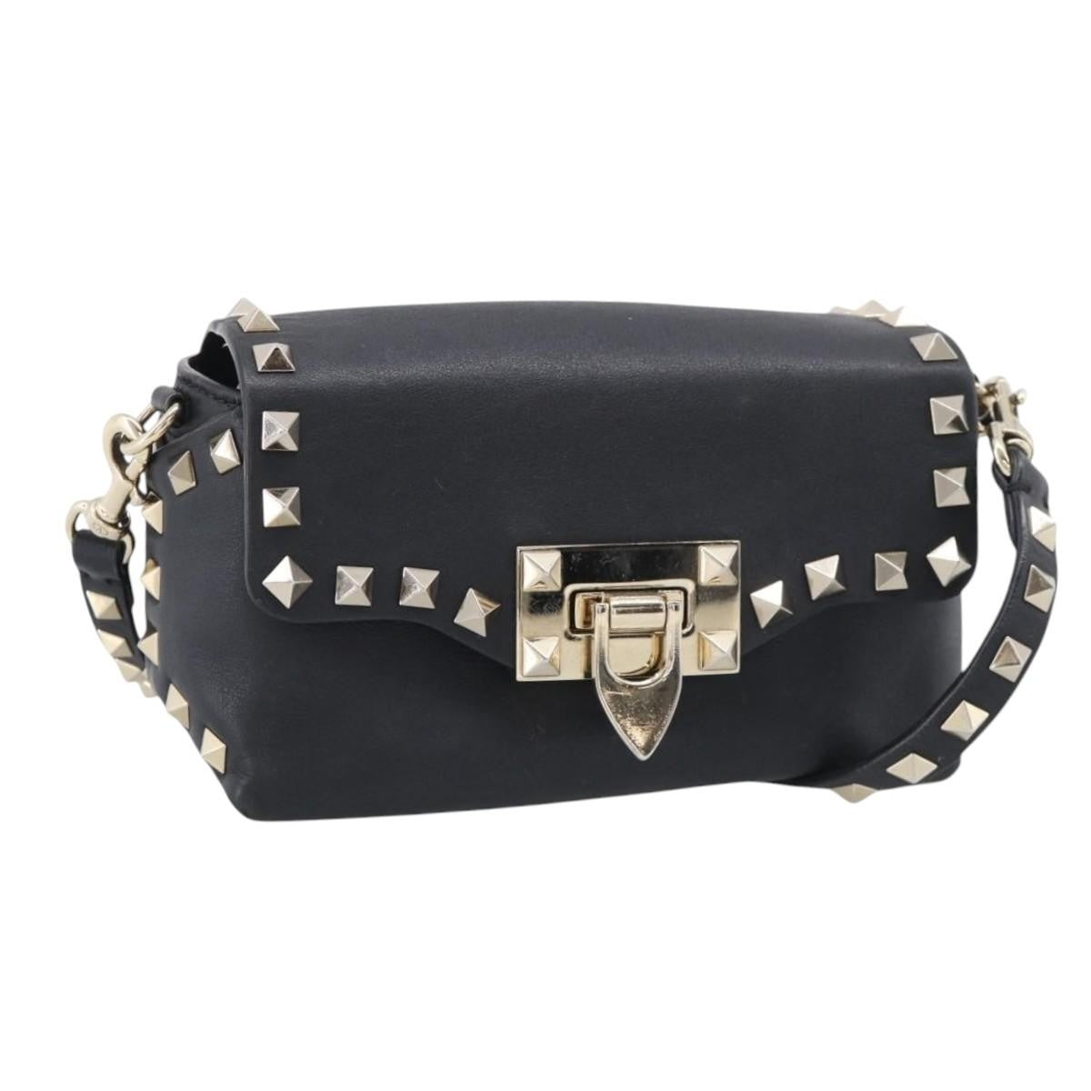Valentino Garavani Rockstud Flip Lock Flap Leather Black Leather Handbag (Pre-Owned)