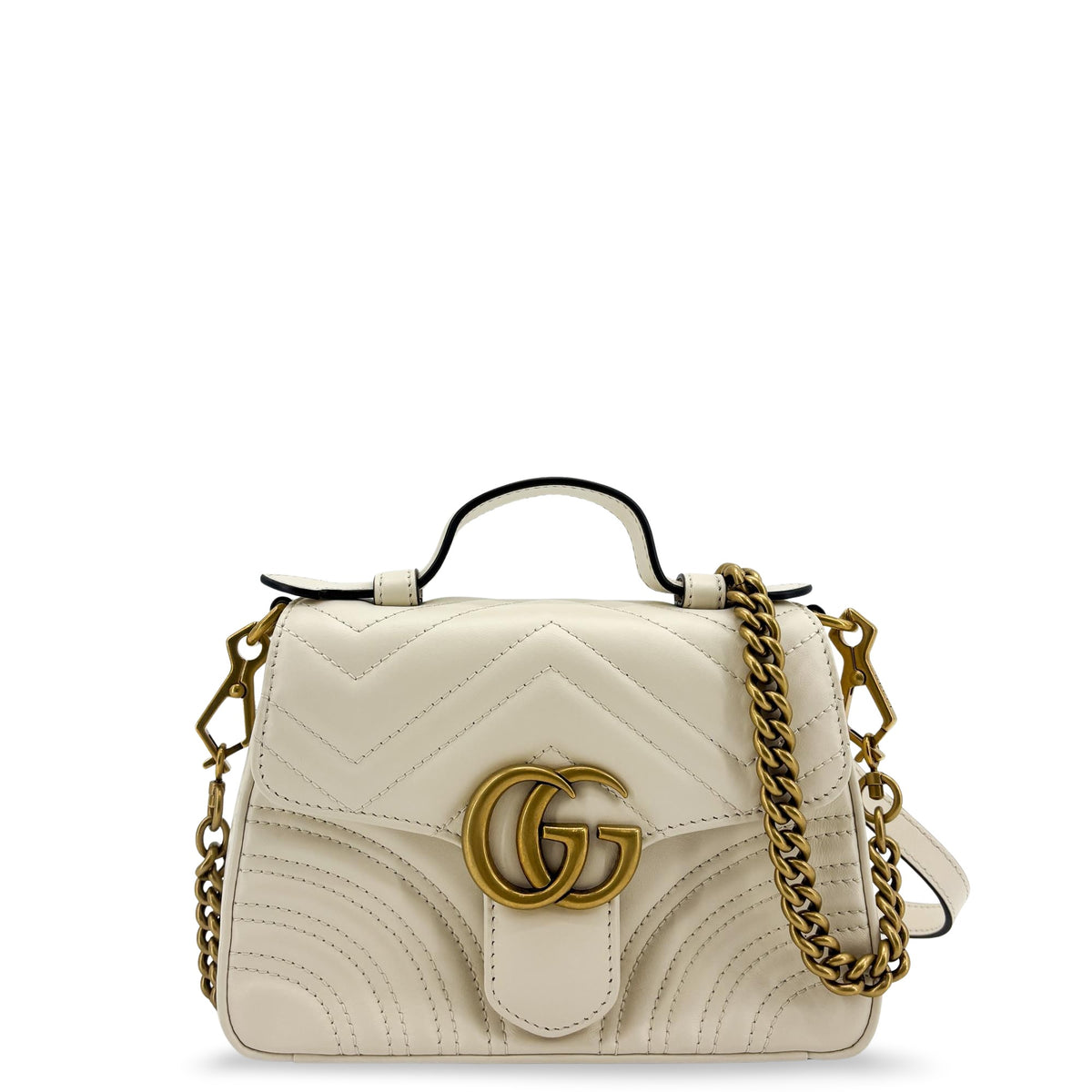 Gucci Gg Marmont Top Handle Flap Matelasse Leather White Leather Handbag (Pre-Owned)