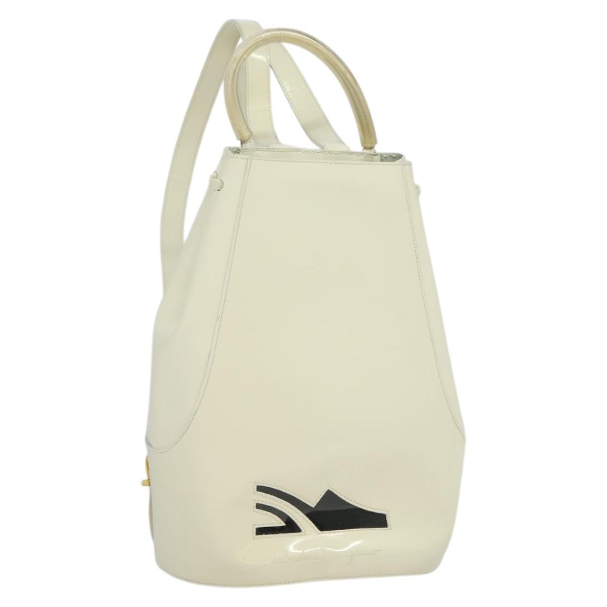Salvatore Ferragamo Vintage Gancini Patent Leather White Patent_Leather Backpack Bag (Pre-Owned)