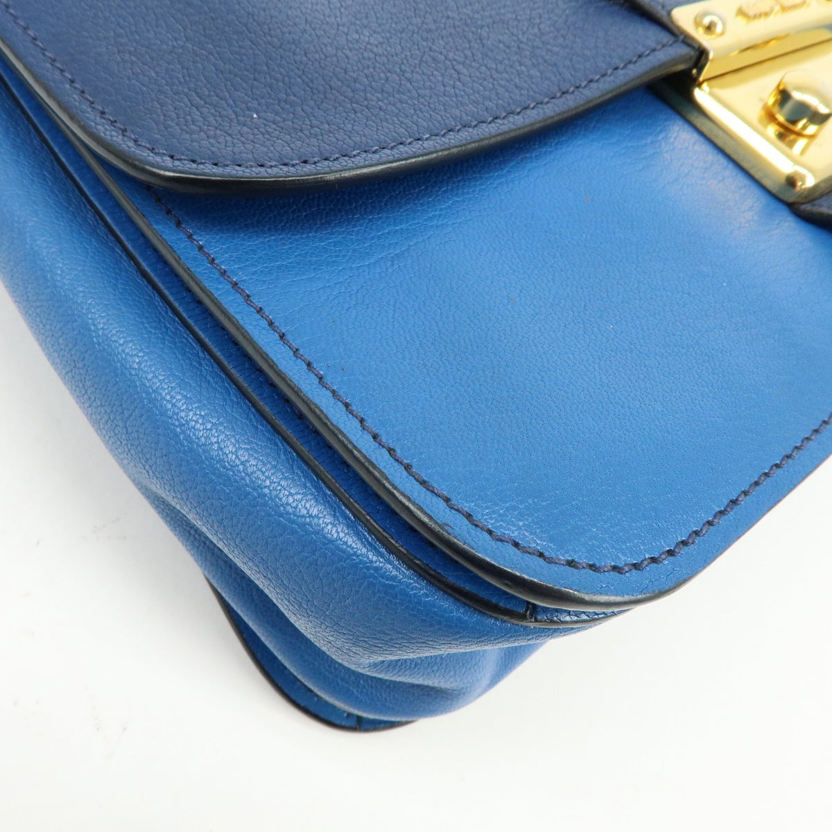 Miu Miu Madras Top Handle Leather Blue Leather Handbag (Pre-Owned)