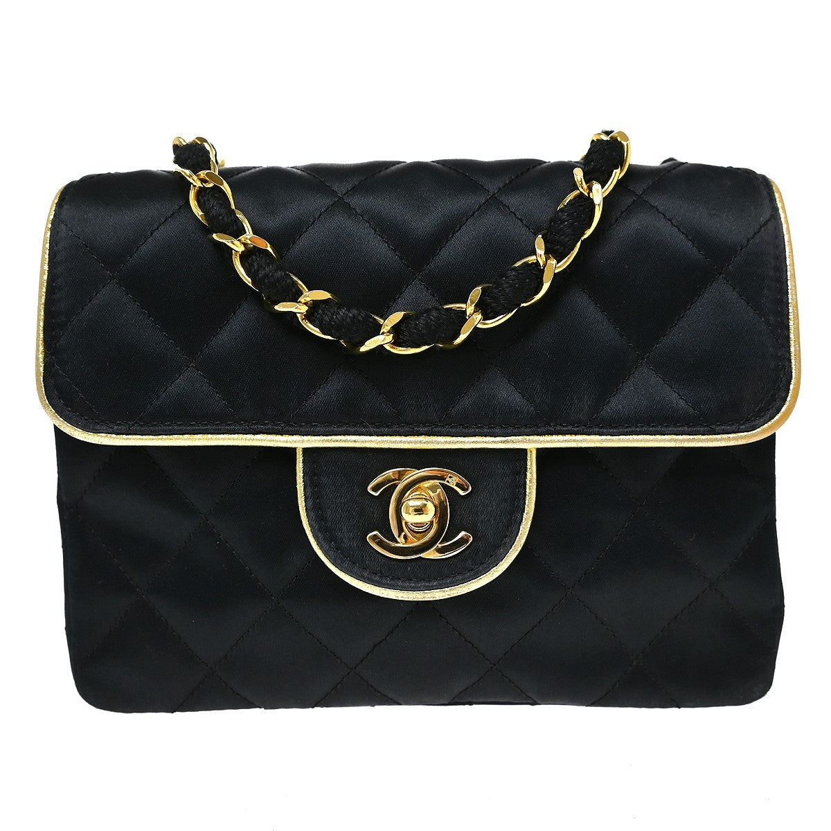 Chanel Vintage Square Classic Single Flap Quilted Satin Black Satin Handbag (Pre-Owned)