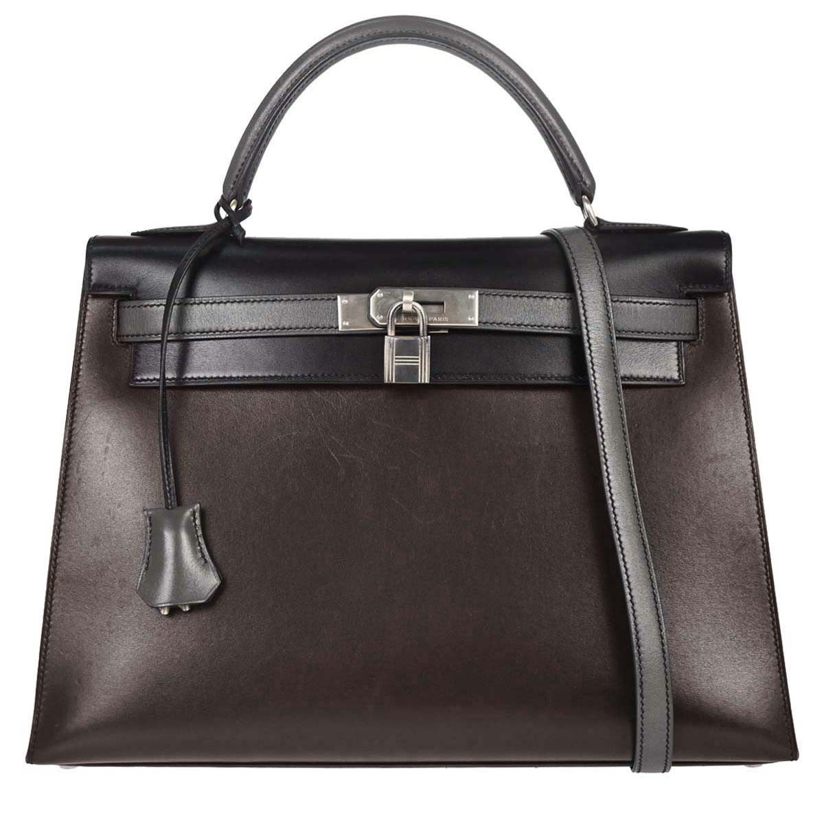 Hermes Kelly Black Box Calf With Palladium Hardware Black Leather Handbag (Pre-Owned)