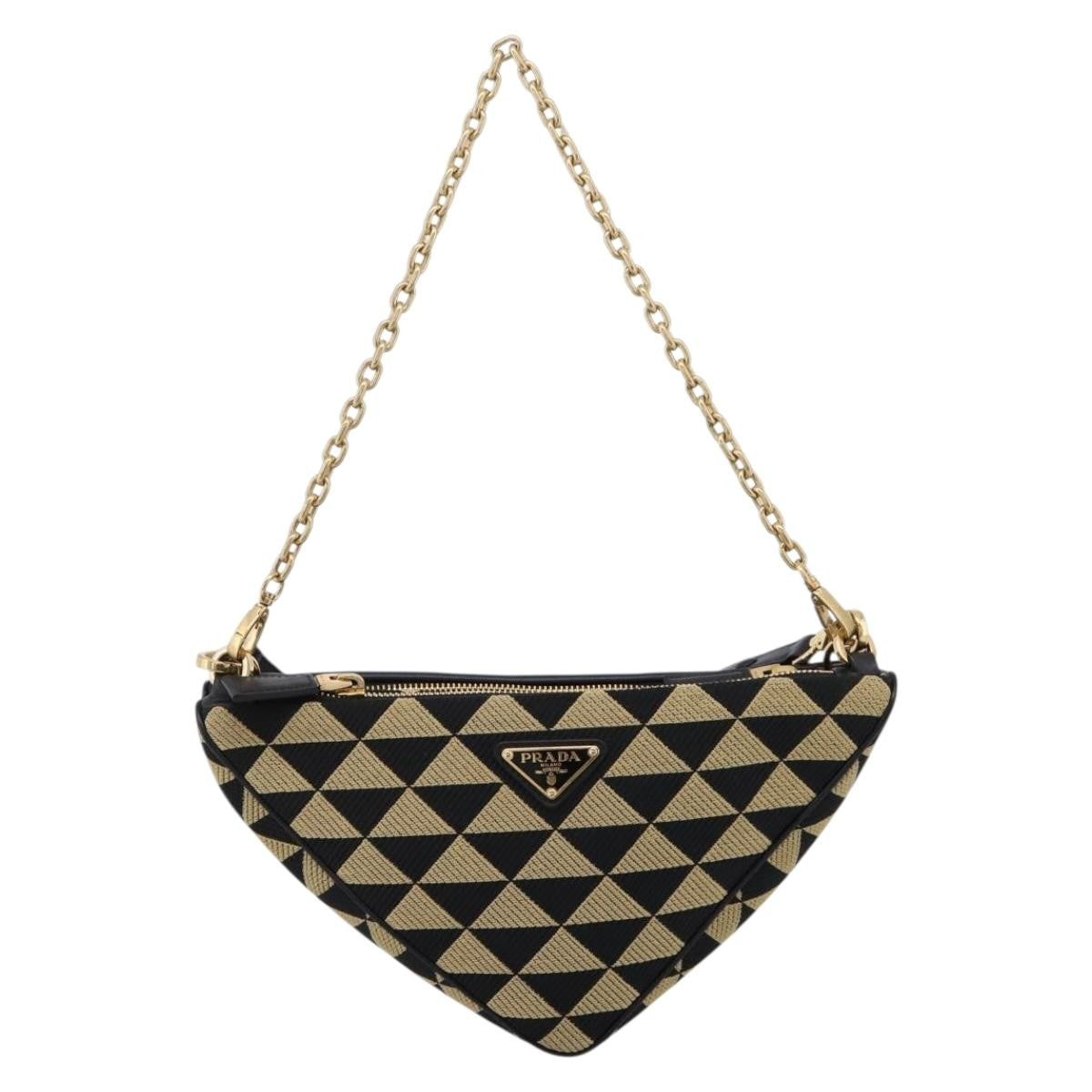 Prada Symbole Triangle Jacquard Beige Canvas Handbag (Pre-Owned)