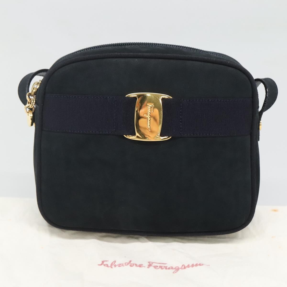 Salvatore Ferragamo Vara Bow Camera Leather Navy Suede Shoulder Bag Bag (Pre-Owned)