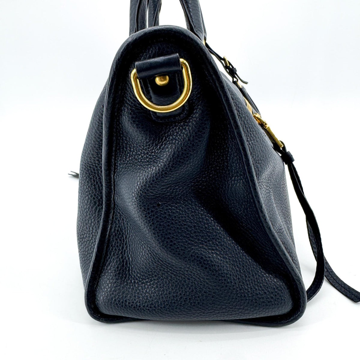 Prada Front Zip Convertible Satchel Vitello Phenix Navy Leather Handbag (Pre-Owned)