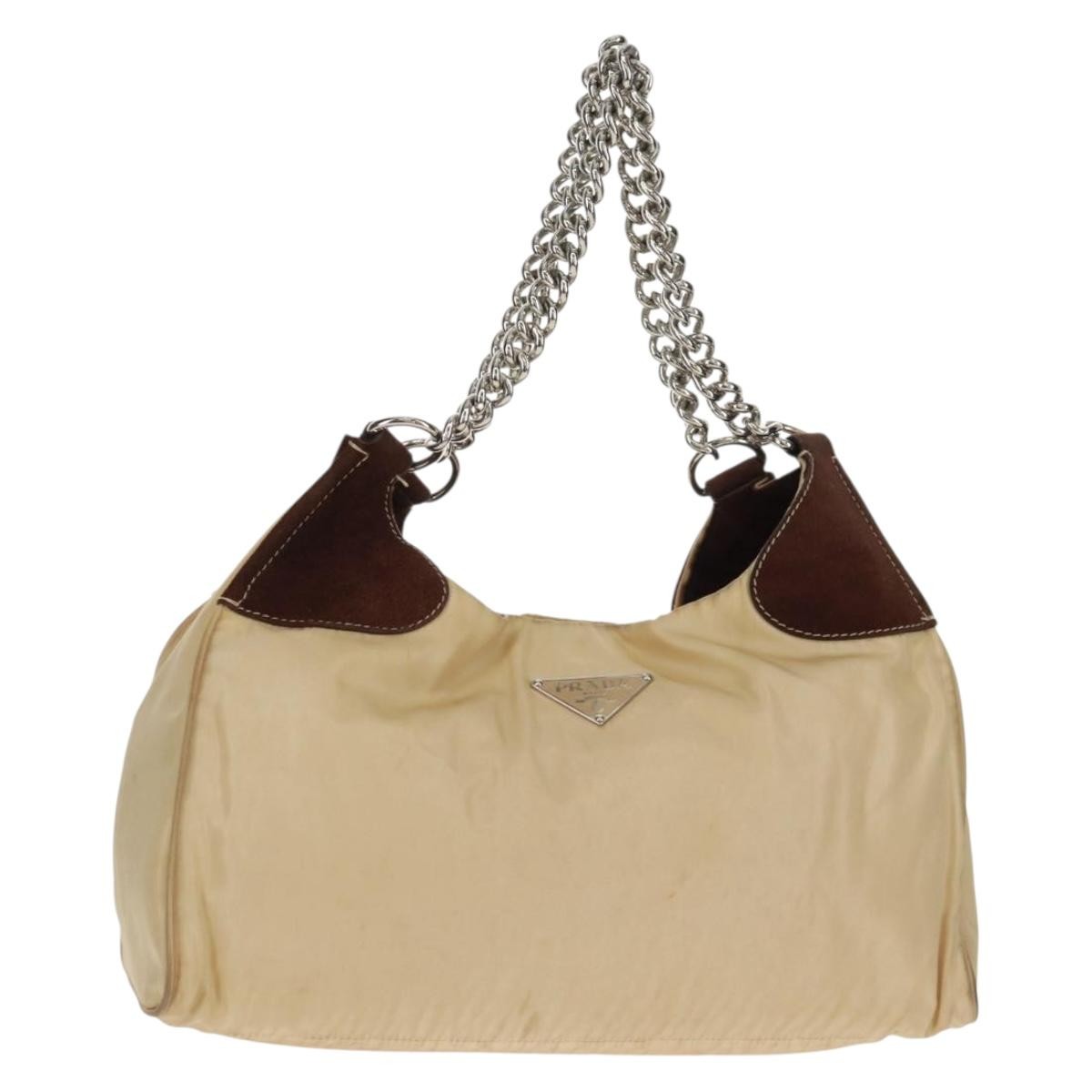 Prada Chain Tote Soft Calf Beige Nylon Shoulder Bag Bag (Pre-Owned)