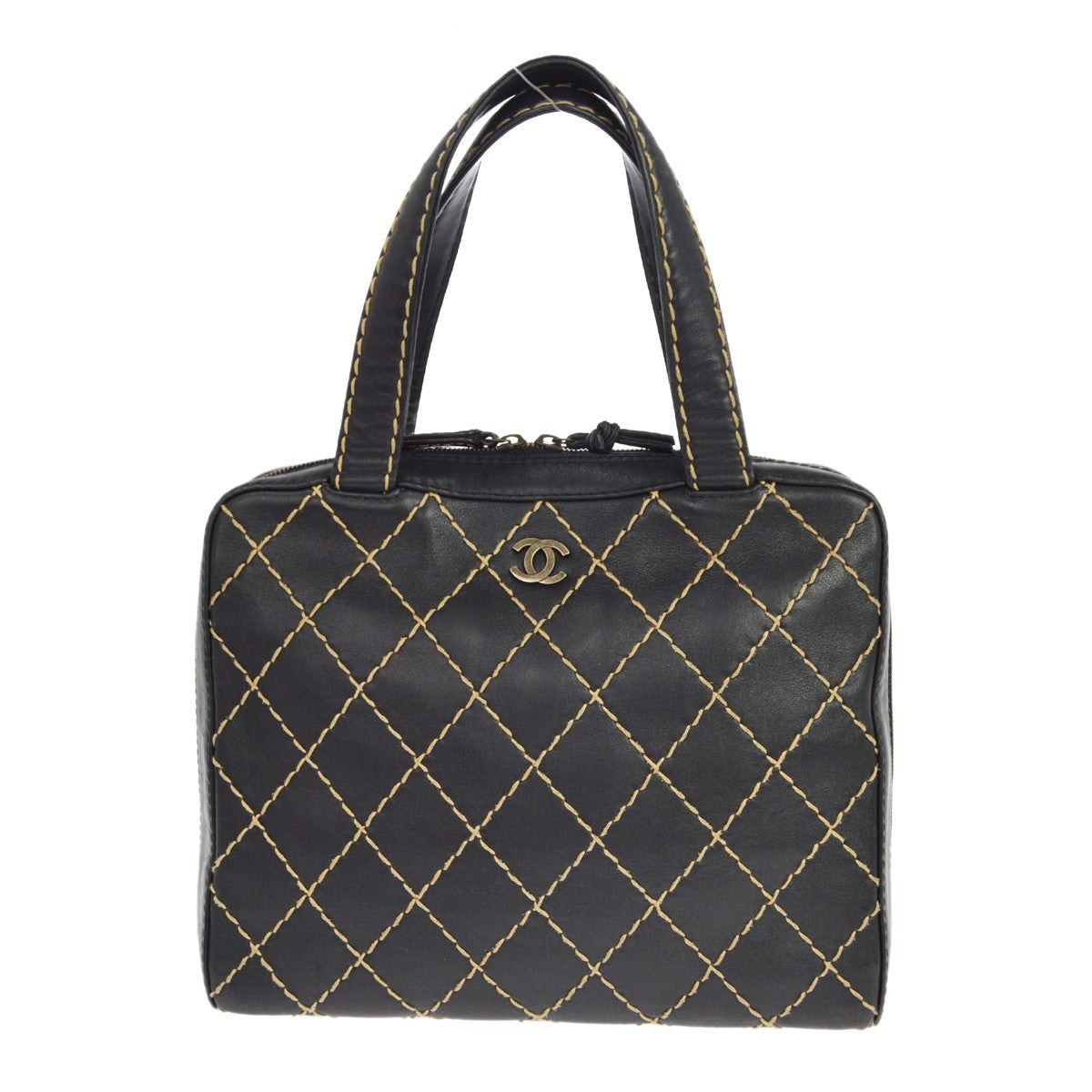 Chanel Surpique Zip Around Satchel Quilted Leather Black Leather Handbag (Pre-Owned)