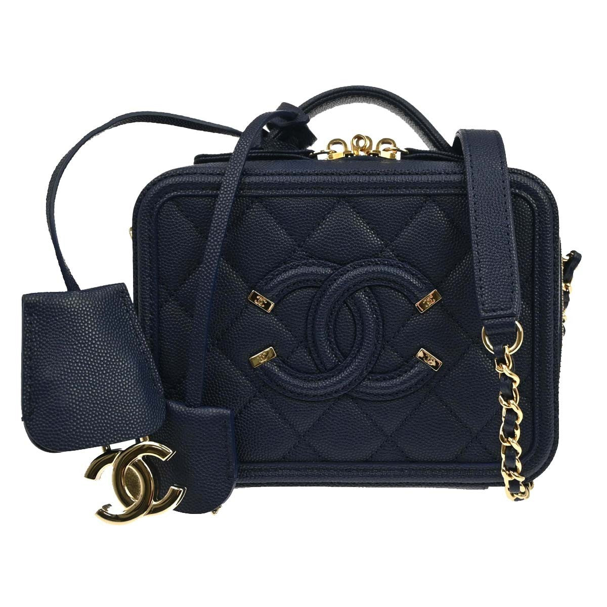 Chanel Filigree Vanity Case Quilted Caviar Navy Calfskin Clutche & Pouche Bag (Pre-Owned)