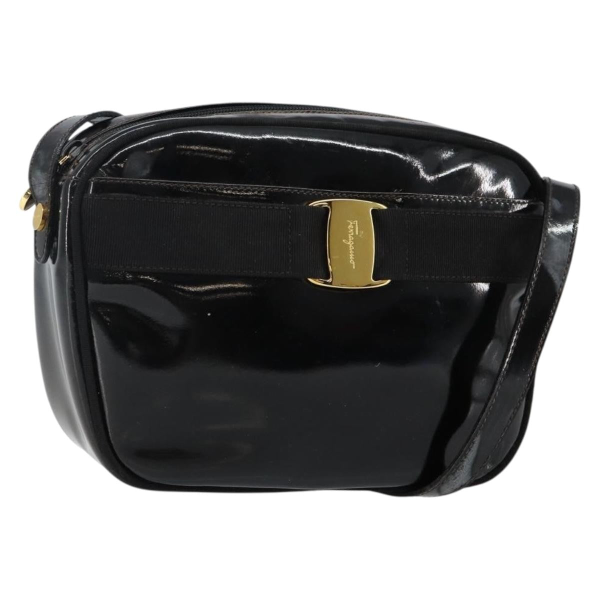 Salvatore Ferragamo Vala Patent Leather Black Patent_Leather Bag (Pre-Owned)