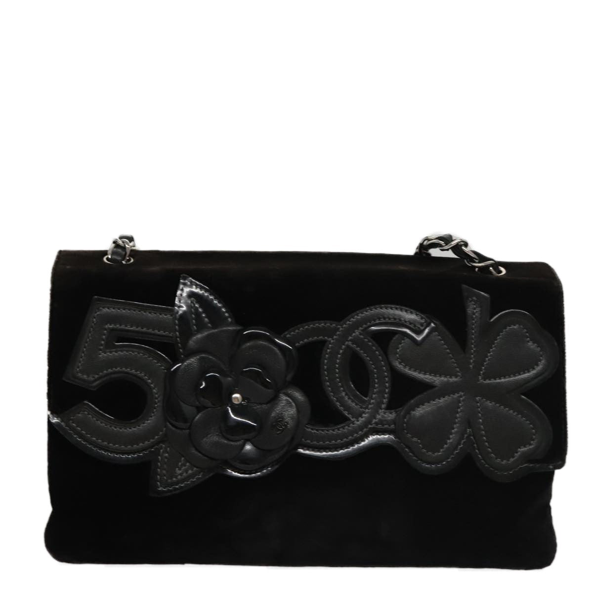 Chanel Camellia No.5 Chain Flap Velvet Black Velvet Shoulder Bag Bag (Pre-Owned)
