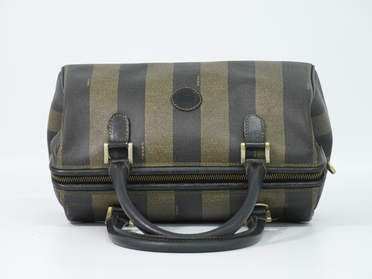 Fendi Vintage Pequin Convertible Boston Coated Canvas Khaki Canvas Handbag (Pre-Owned)