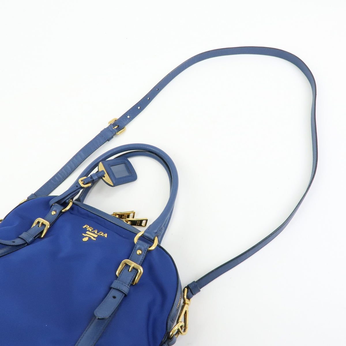 Prada Convertible Dome Satchel Tessuto With Saffiano Leather Blue Nylon Handbag (Pre-Owned)