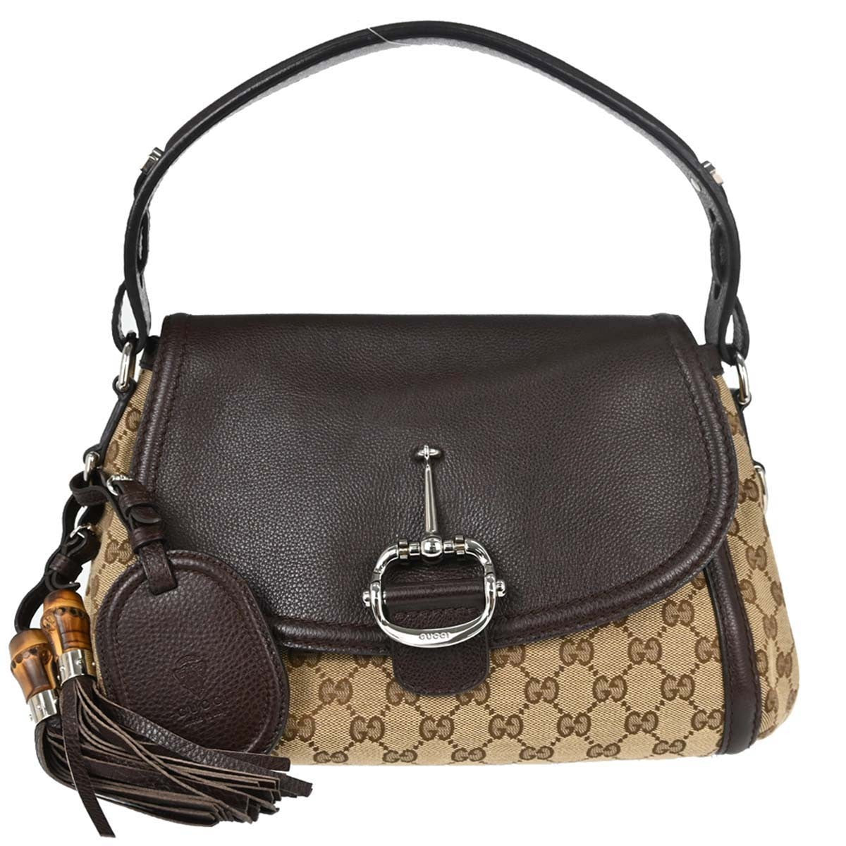 Gucci Techno Horsebit Flap Hobo Leather Beige Canvas Shoulder Bag Bag (Pre-Owned)
