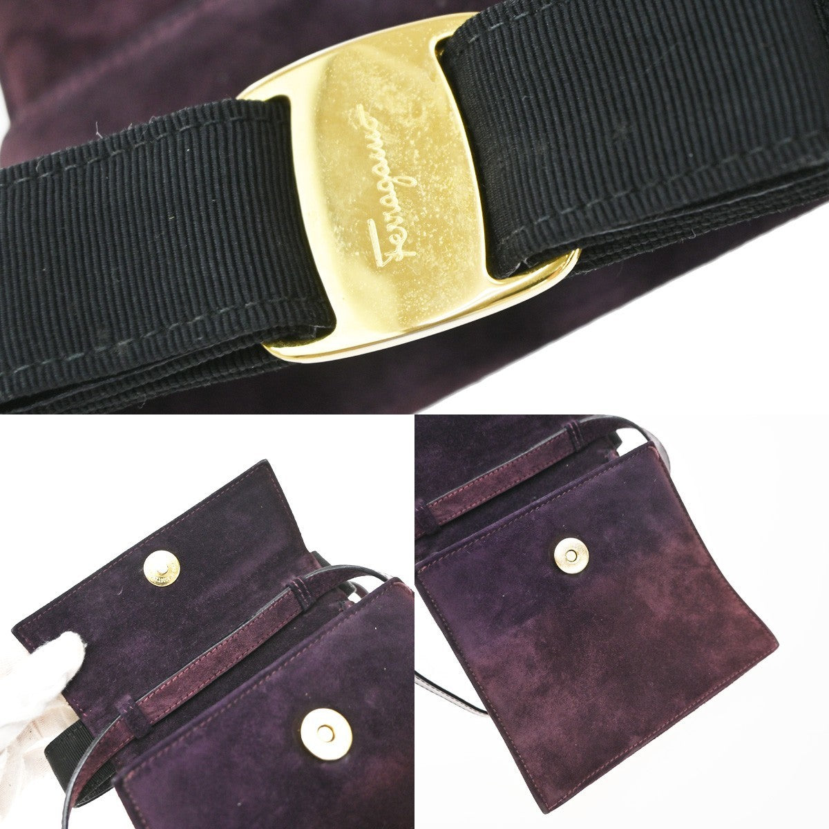 Salvatore Ferragamo Vintage Vara Bow Handle Shoulder Suede Purple Suede Handbag (Pre-Owned)