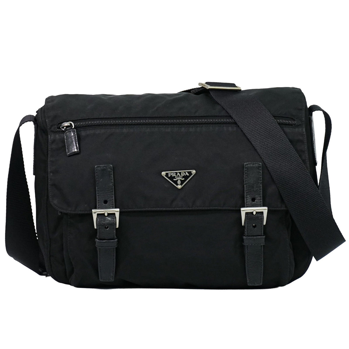 Prada Zip Buckle Messenger Tessuto Black Nylon Shoulder Bag Bag (Pre-Owned)