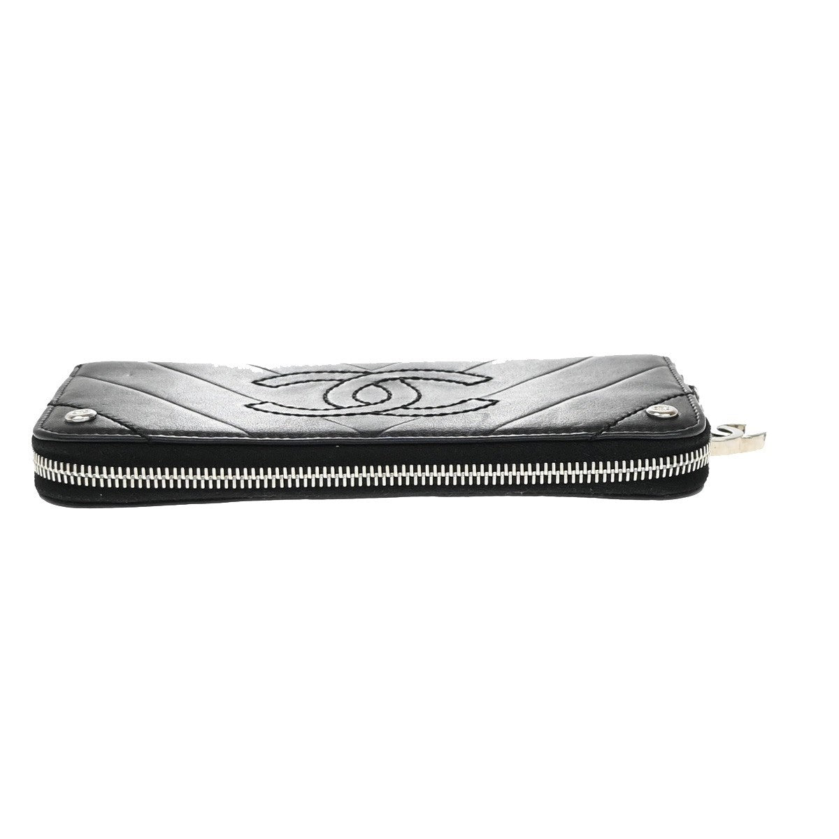 Chanel Cc Charm Zip Around Quilted Lambskin Black Leather Wallets Accessory (Pre-Owned)