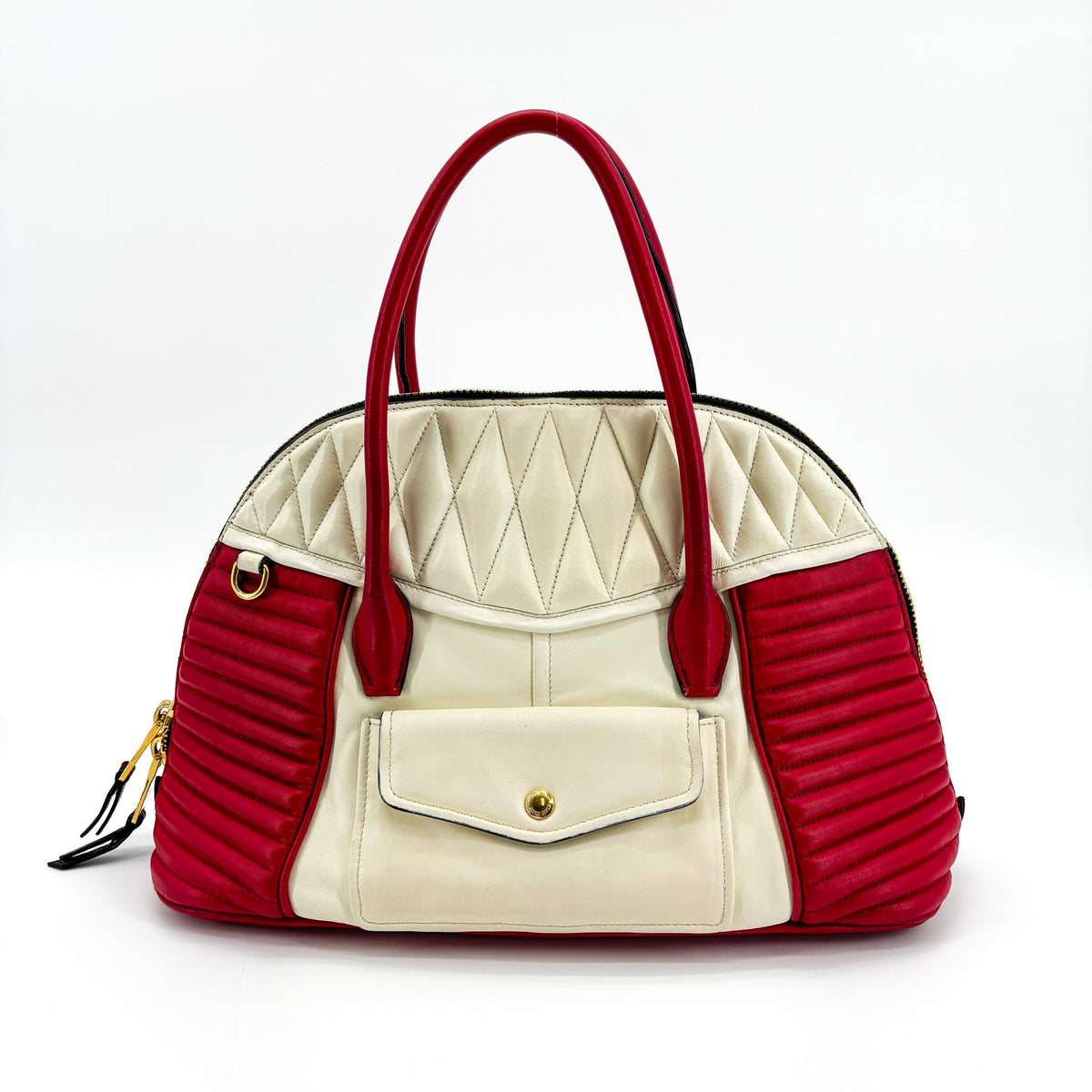 Miu Miu Biker Convertible Dome Satchel Quilted Leather Red Leather Handbag (Pre-Owned)