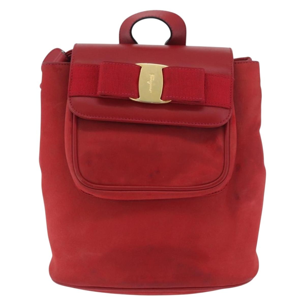 Salvatore Ferragamo Vara Flap Drawstring Leather And Suede Red Suede Backpack Bag (Pre-Owned)