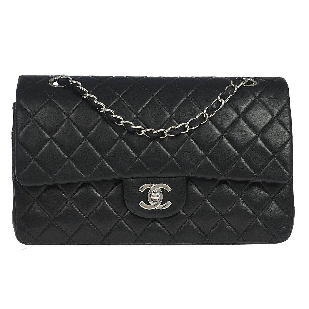 Chanel Classic Double Flap Quilted Lambskin Black Leather Handbag (Pre-Owned)