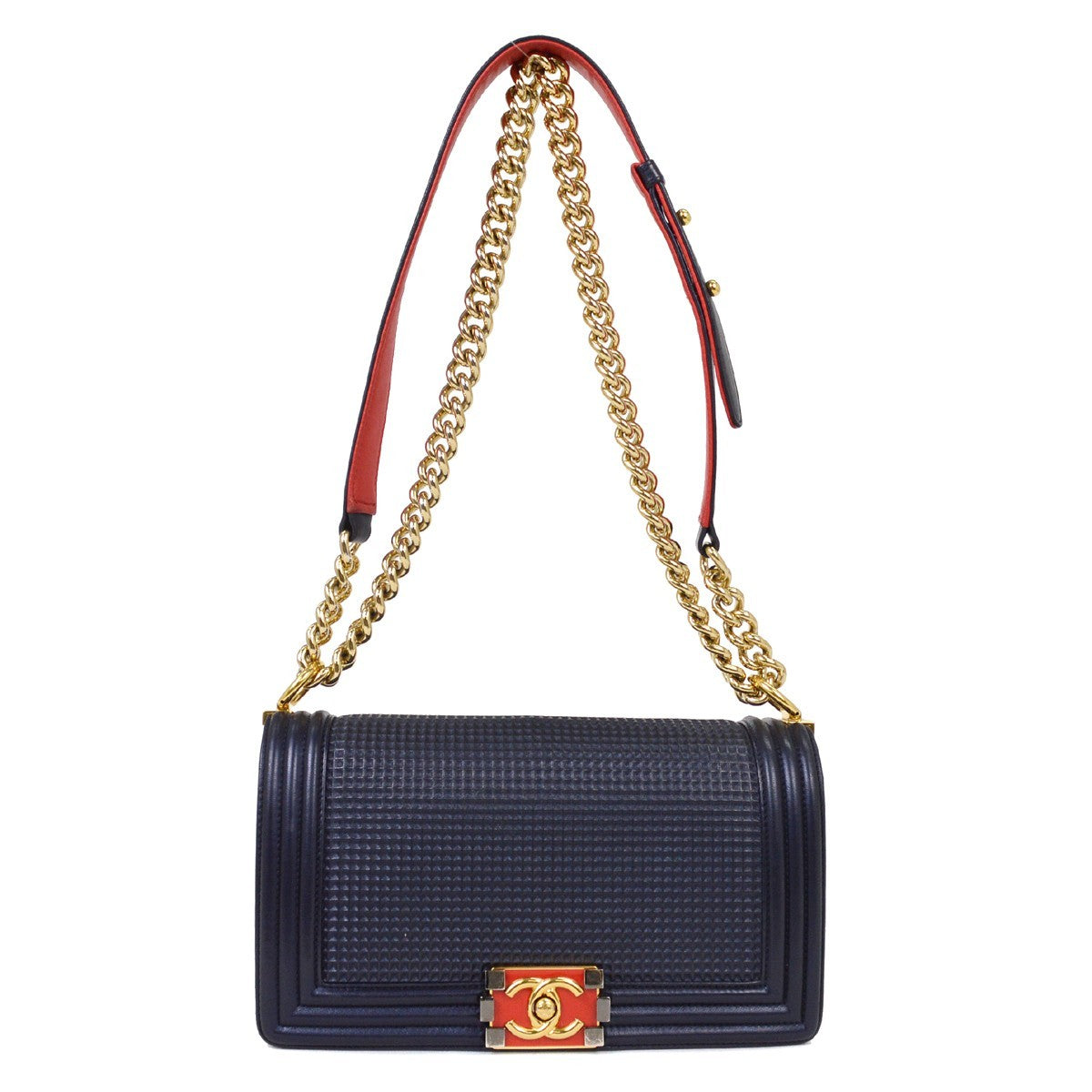 Chanel Boy Flap Cube Embossed Lambskin Navy Leather Shoulder Bag Bag (Pre-Owned)