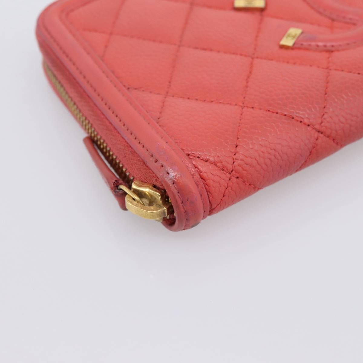 Chanel Filigree Zip Around Quilted Caviar Orange Calfskin Wallets Accessory (Pre-Owned)