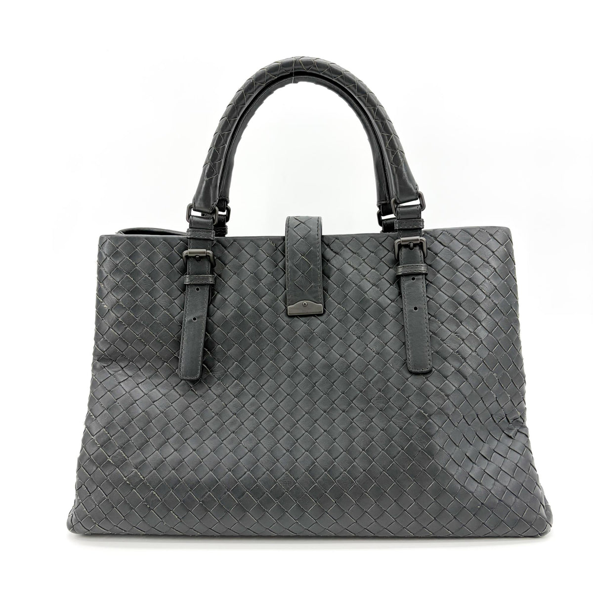Bottega Veneta Roma Intrecciato Nappa Gray Leather Handbag (Pre-Owned)