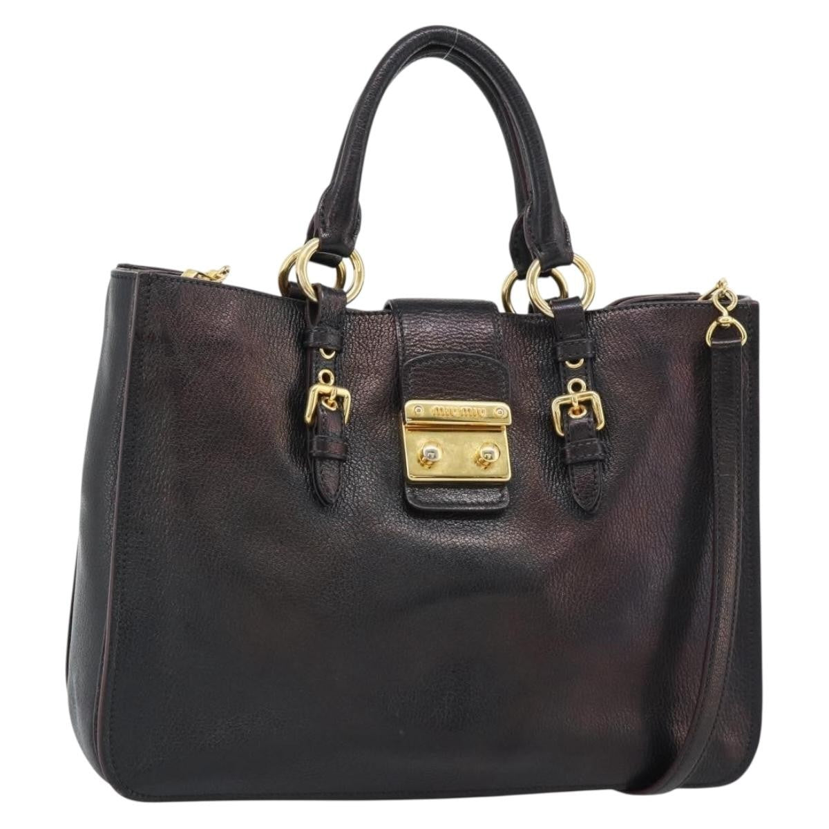 Miu Miu Madras Convertible Lock Leather Black Leather Tote Bag Bag (Pre-Owned)