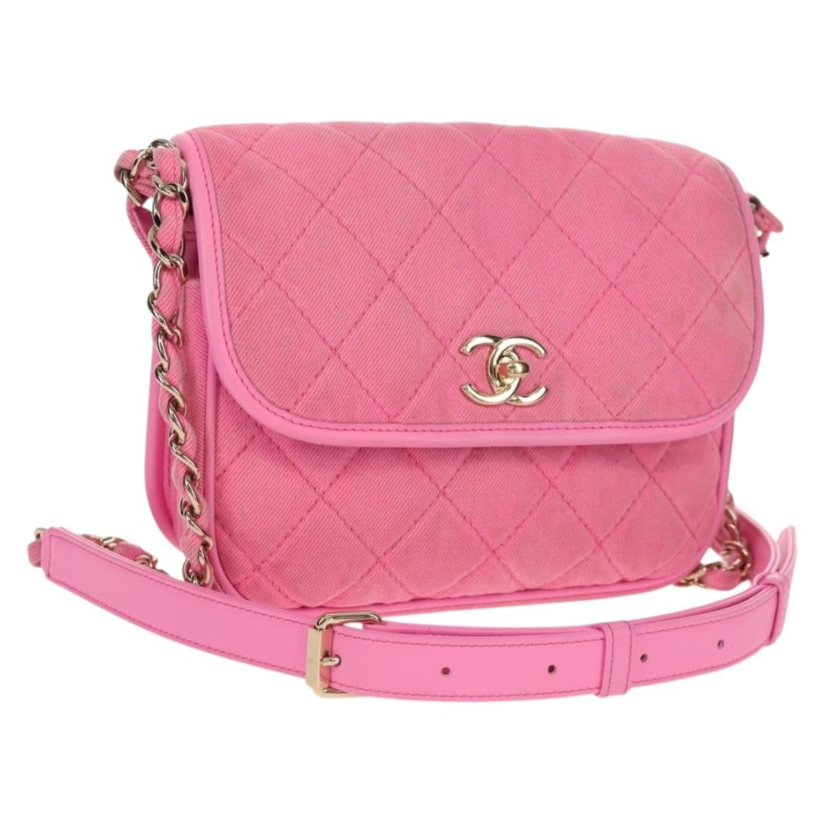 Chanel Flap Messenger Quilted Denim Pink Canvas Shoulder Bag Bag (Pre-Owned)