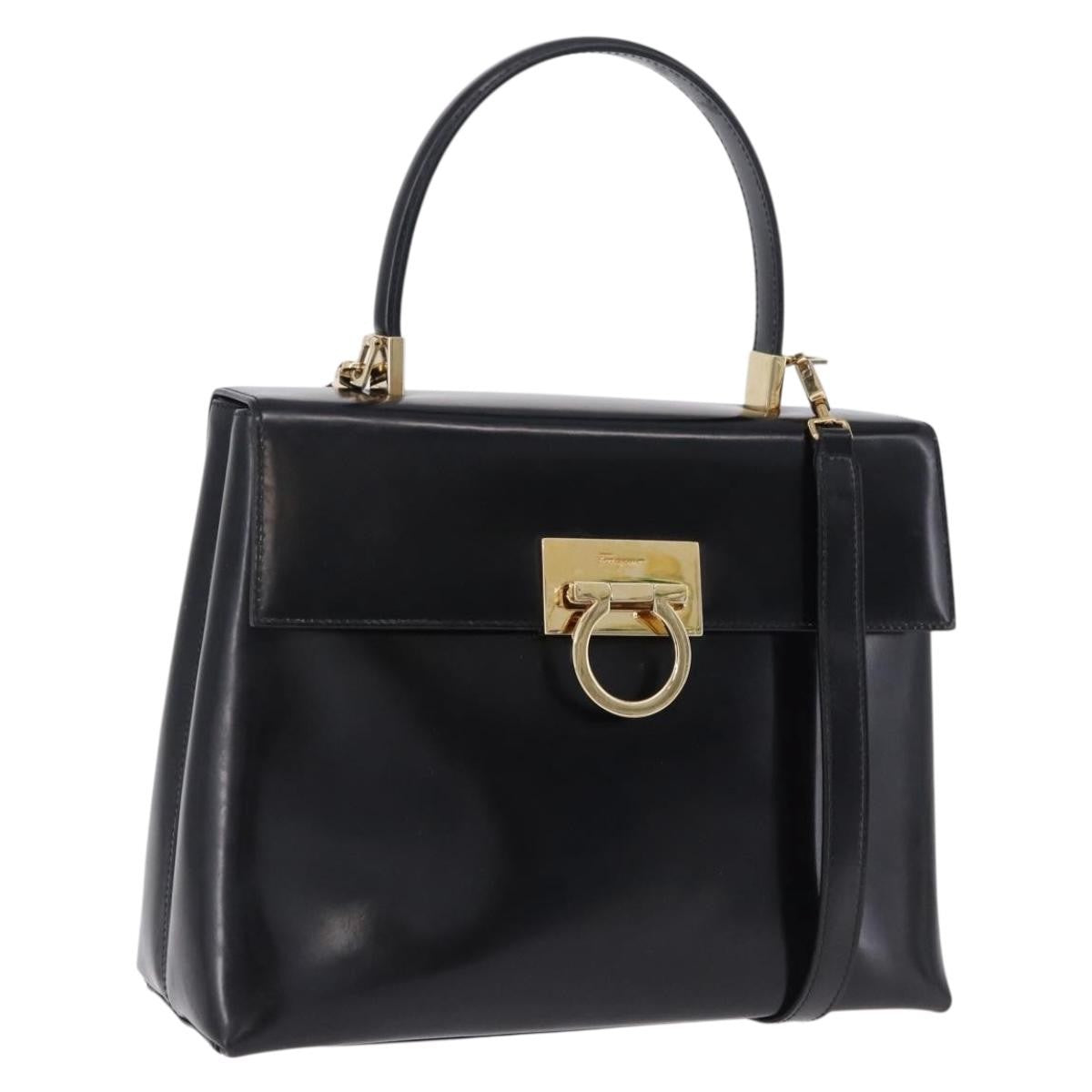 Salvatore Ferragamo Gancini Top Handle Leather Black Patent_Leather Handbag (Pre-Owned)