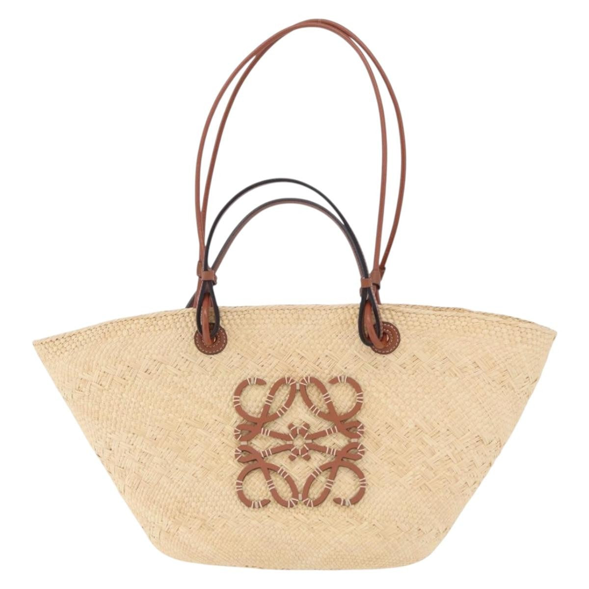 Loewe Anagram Basket Raffia Beige Wood Tote Bag Bag (Pre-Owned)