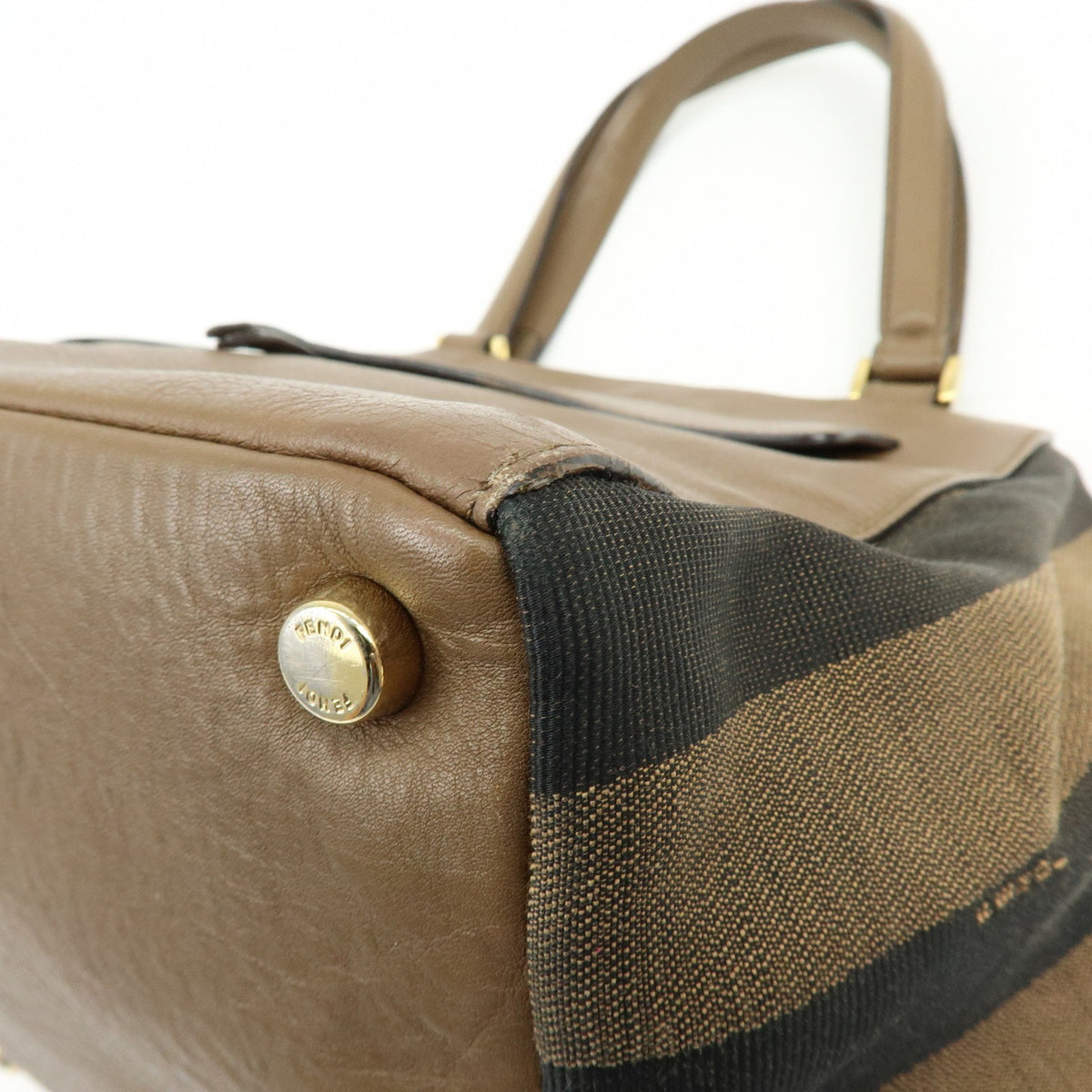 Fendi Boxy Leather With Pequin Canvas Brown Leather Tote Bag Bag (Pre-Owned)