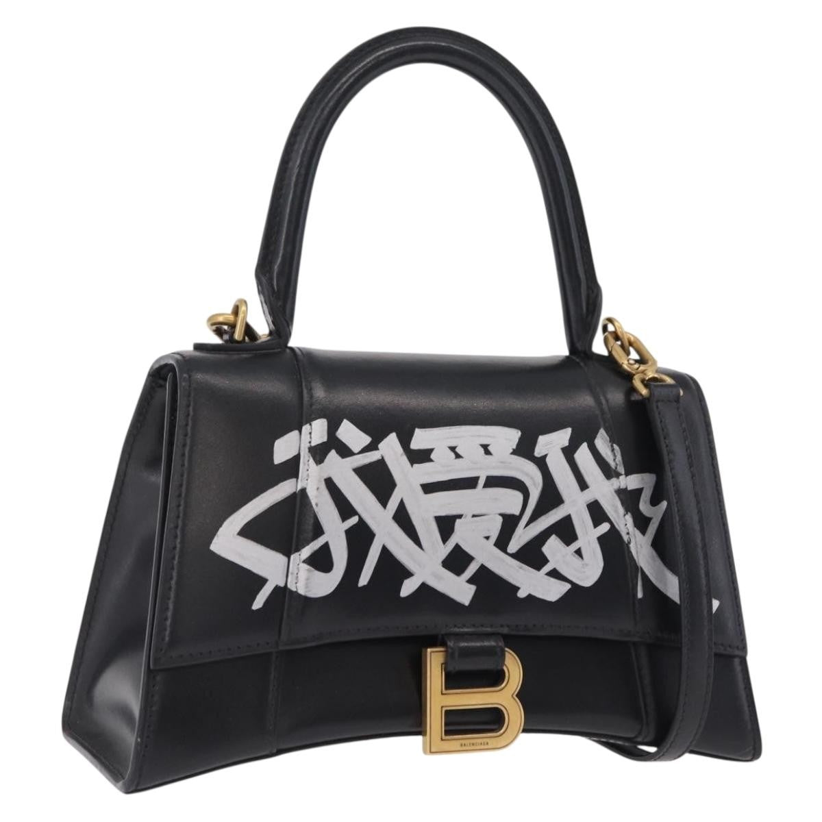 Balenciaga Graffiti Hourglass Top Handle Leather Black Leather Handbag (Pre-Owned)