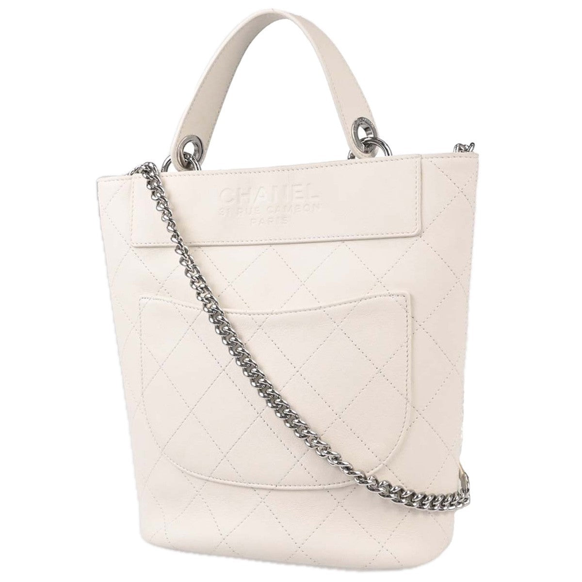 Chanel Cc Top Handle Bucket Stitched Calfskin White Leather Handbag (Pre-Owned)