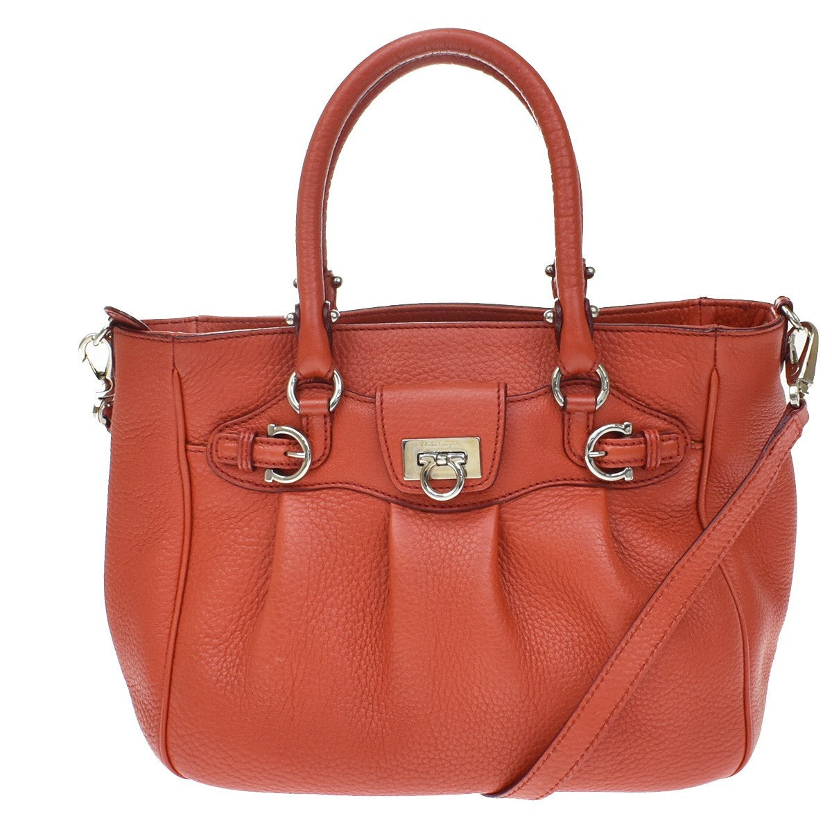 Salvatore Ferragamo Gancini Handle Leather Orange Leather Tote Bag Bag (Pre-Owned)